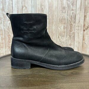 Tory Burch Simone Leather Moto Ankle Bootie Side Zip Logo‎ Black Size 8 Women